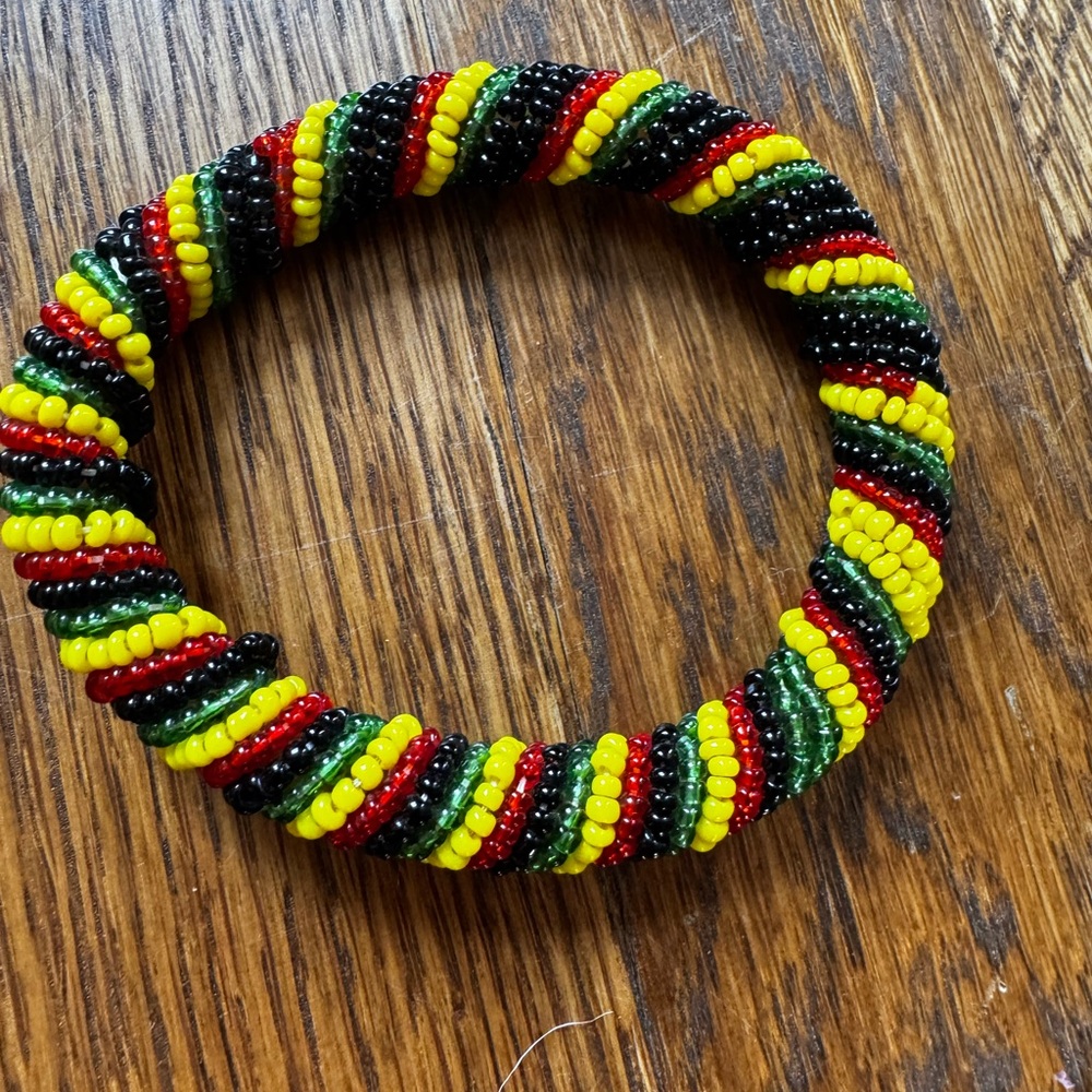 Handcrafted Seed Bead Spiral Bangle Bracelet - Black, Yellow, Red, Green